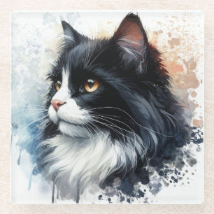 Süße Tuxedo-Katze Aquarell-Kunst Glasuntersetzer