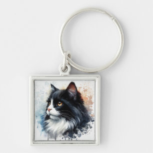 Süße Tuxedo-Katze Wasserfarben Kunst Schlüsselanhänger