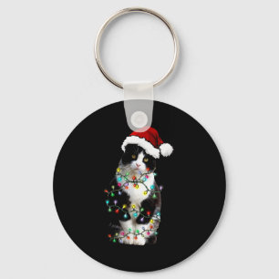 Süße Tuxedo-Schwarze Katze Weihnachtslicht Katze W Schlüsselanhänger