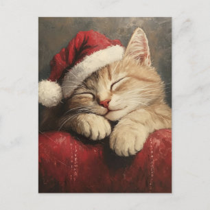 Süße und gemütliche Weihnachtskatze mit Santa-Mütz Postkarte