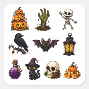Süße und gruselige Halloween-Aufkleber – Kürbisse, Quadratischer Aufkleber