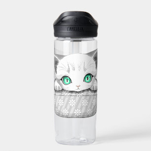 Süße und verspielte Katze schaut aus einer Tasche Trinkflasche