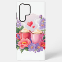 Süße Valentins-Cocoa-Tassen mit Blumen und Herzen