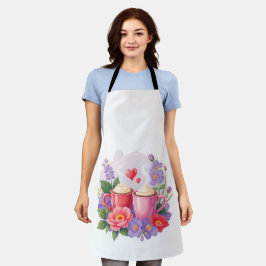 Süße Valentins-Cocoa-Tassen mit Blumen und Herzen Schürze