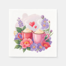 Süße Valentins-Cocoa-Tassen mit Blumen und Herzen Serviette