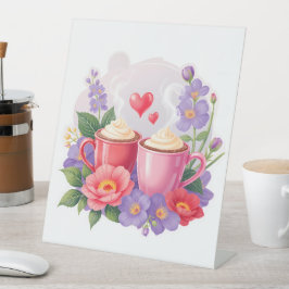 Süße Valentins-Cocoa-Tassen mit Blumen und Herzen Sockelschild
