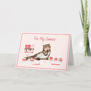 Süße Valentinskatze mit Gebäck und Kuchen Karte