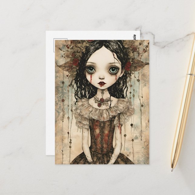 Süße Vampirpuppe Mixed Media Postkarte (Vorderseite/Rückseite Beispiel)
