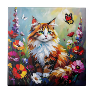 Süße verspielte Katze, Blumen und Schmetterlinge Fliese