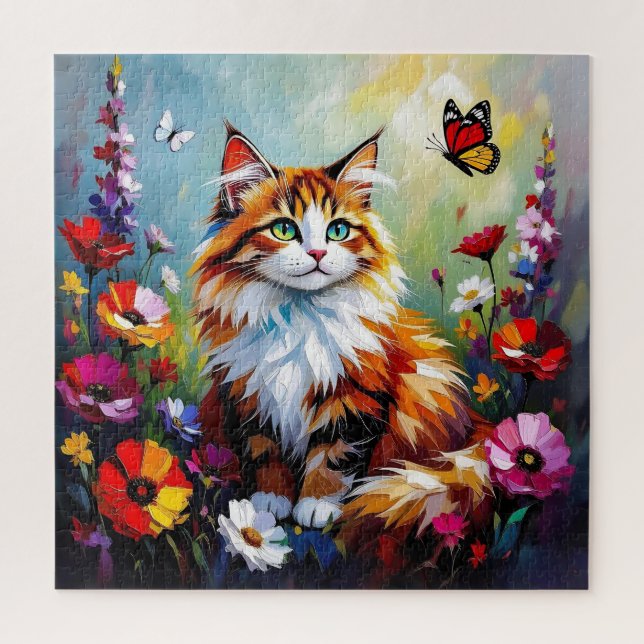 Süße verspielte Katze, Blumen und Schmetterlinge Puzzle (Vertikal)