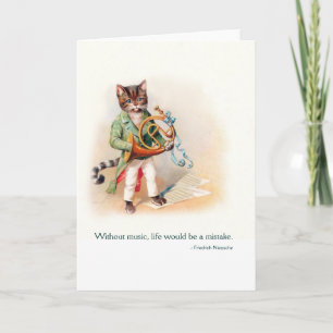 Süße viktorianische Katze mit Waldhorn - Vintage-K Karte