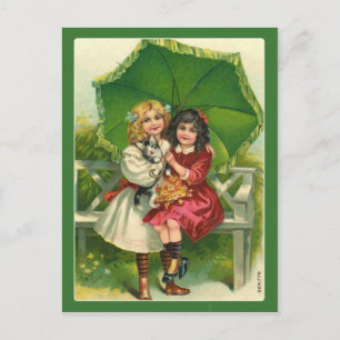 Süße viktorianische Mädchen in grüner Vintage-Post Postkarte