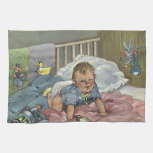 Süße Vintage-Baby spielt im Kinderbett, Kinderschl Geschirrtuch