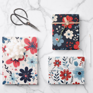 Süße Vintage blaue und rote Blumen Geschenkpapier Set