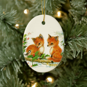 Süße Vintage-Füchse Retro-Weihnachtsszene Keramik Ornament