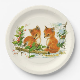 Süße Vintage-Füchse Retro-Weihnachtsszene Pappteller