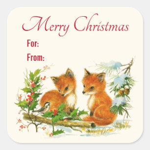 Süße Vintage-Füchse Retro-Weihnachtsszene Quadratischer Aufkleber
