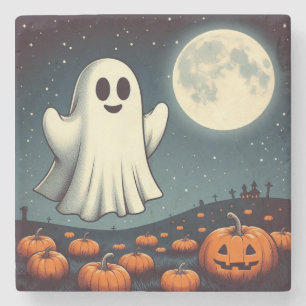 Süße, vintage Geist & Kürbis Halloween Kunst Steinuntersetzer