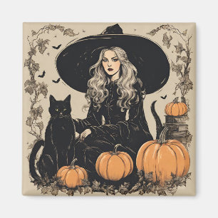 Süße Vintage-Halloween-Hexe mit schwarzer Katze Magnet