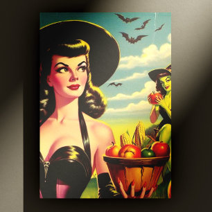 Süße Vintage-Halloween-Hexen-Pin-up Postkarte