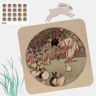 Süße Vintage-Hasen-Kunst Cottagecore-Aufkleber Quadratischer Aufkleber