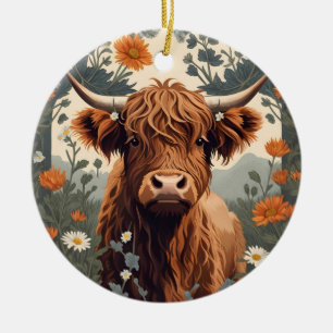 Süße Vintage-Hochlandkuh Keramik Ornament