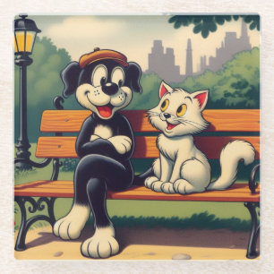 Süße, vintage Hund/Katze Cartoon Glasuntersetzer