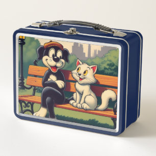 Süße, vintage Hund/Katze Cartoon Metall Brotdose