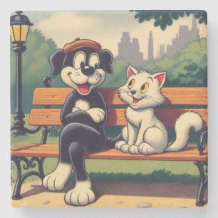 Süße, vintage Hund/Katze Cartoon Steinuntersetzer