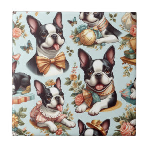 Süße Vintage-Illustration eines Boston Terriers Fliese