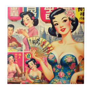 Süße Vintage-Illustration japanischer Mädchen Fliese