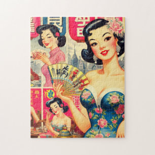 Süße Vintage-Illustration japanischer Mädchen Puzzle
