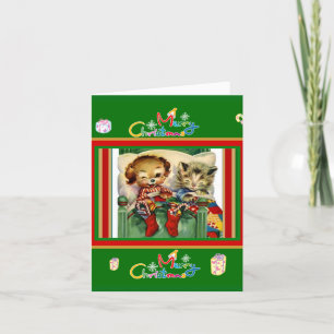 Süße Vintage-Karte Frohe Weihnachten Kätzchen Hund
