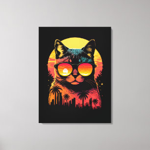 Süße Vintage-Katze mit Brille im Sonnenuntergang S Leinwanddruck