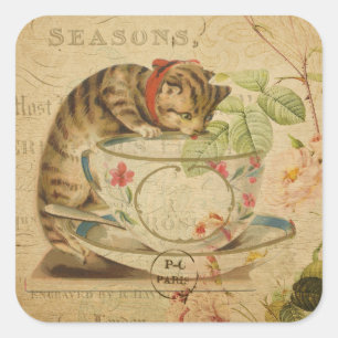 Süße Vintage-Katze-Teetasse-Florale Collage Quadratischer Aufkleber