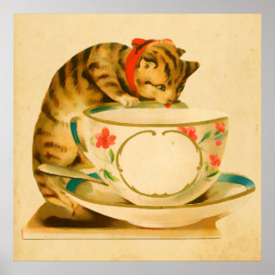 Süße Vintage-Katze Teetasse Poster