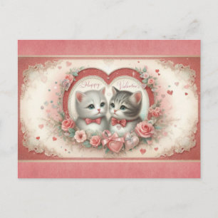 Süße Vintage-Katzen Valentinstag Rosa Floral Postkarte
