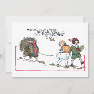 Süße Vintage-Kinder mit Thanksgiving-Pute Feiertagskarte