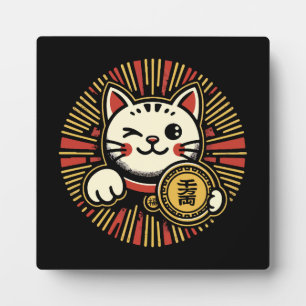 Süße Vintage Maneki Neko Glückskatze, Erfolg Geld Fotoplatte