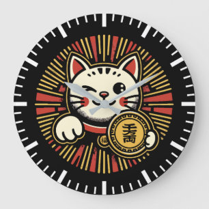 Süße Vintage Maneki Neko Glückskatze, Erfolg Geld Große Wanduhr