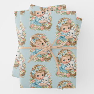 Süße Vintage-Retro-Osterhasen-Mädchen-Geschenkverp Geschenkpapier Set