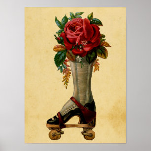 Süße Vintage Retro Rollschuhe Blumen Poster
