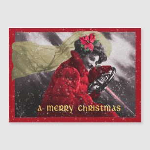 Süße Vintage-Rote Mädchen fährt Auto Magnetkarte