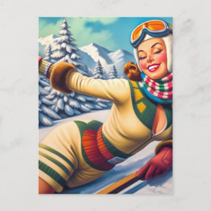 Süße Vintage-Ski-Pin-Up Postkarte