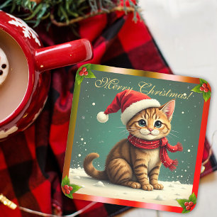 Süße Vintage-Tabby-Katze Weihnachten Getränkeuntersetzer