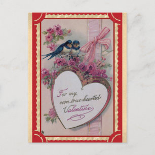 Süße Vintage Valentinstag Herz Blumen Vogel Postkarte