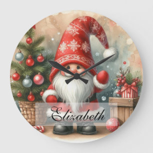 Süße Vintage-Weihnachts-Gnome Wasserfarben-Kunst Große Wanduhr