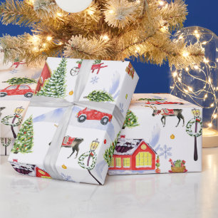 Süße vintage Weihnachtsdorf mit Weihnachtsbaum Geschenkpapier
