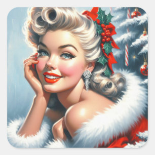 Süße vintage Weihnachtsfrau Quadratischer Aufkleber