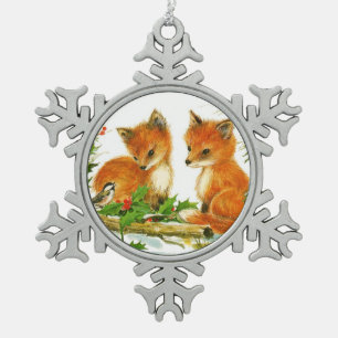 Süße Vintage-Weihnachtsfüchse Schneeflocken Zinn-Ornament